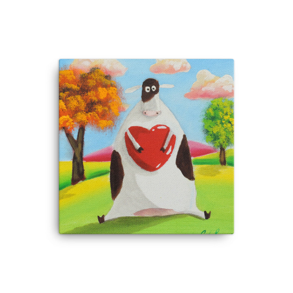 Cow with a heart folk art canvas print, painting from 2018 Gordon Bruce art