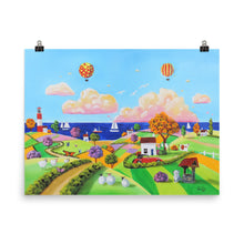 Load image into Gallery viewer, Folk art hot air balloons print, colourful seaside Poster Gordon Bruce art
