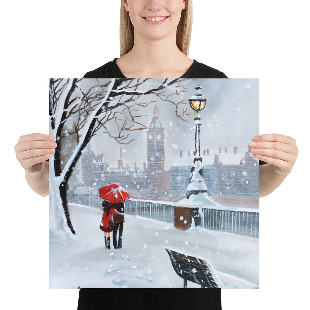 London print,  a couple with a red umbrella walk through the snow