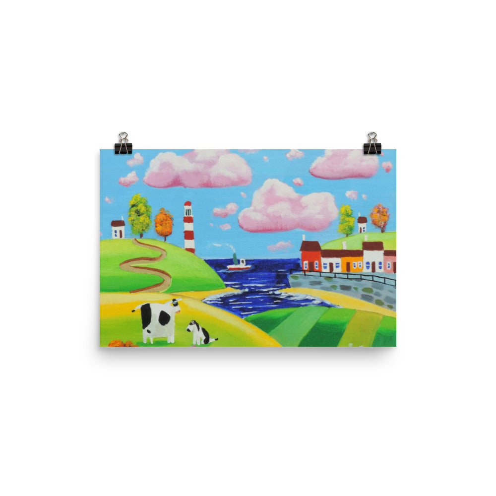 Dog and cow, folk art seaside Poster