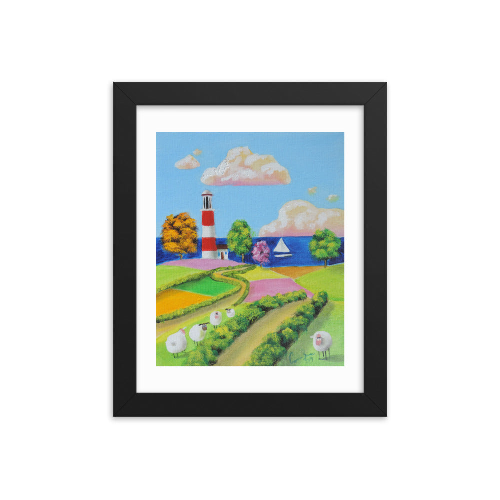 Sheep and a lighthouse framed photo paper poster