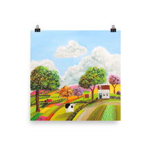 Load image into Gallery viewer, Cow in patchwork fields, folk art print
