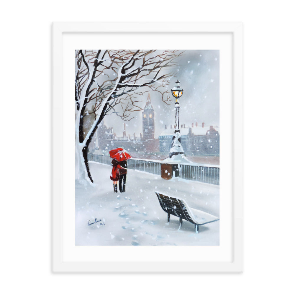 London framed print, a couple with a red umbrella in winter