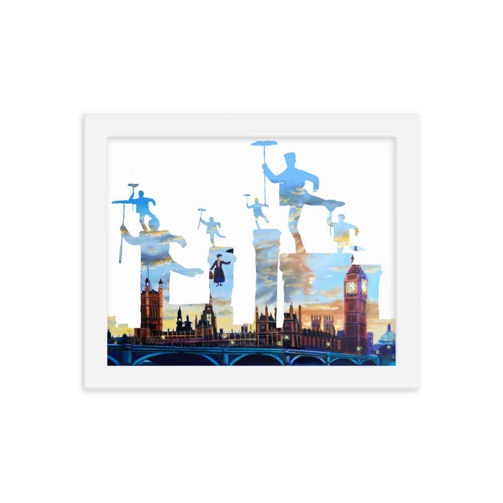 Mary Poppins print, London Chimney sweeps silhouette Framed poster