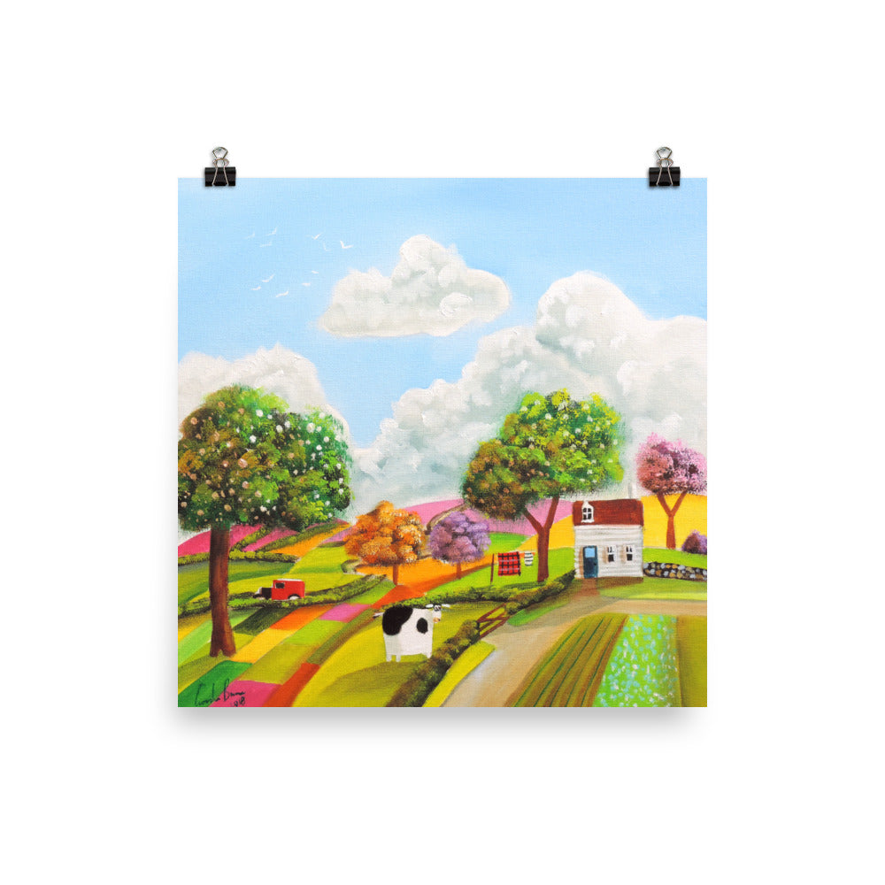 Cow in a patchwork fields Photo paper poster