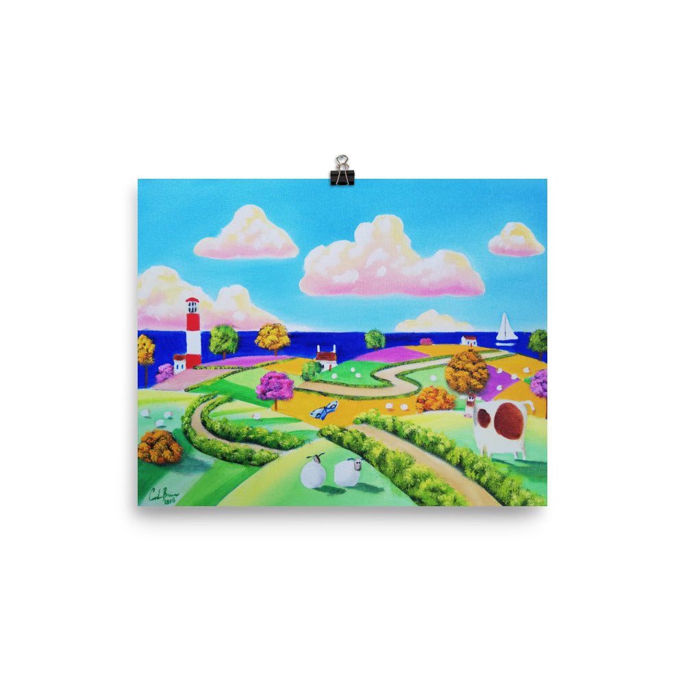 Lighthouse and rolling hills folk art print, Photo paper poster