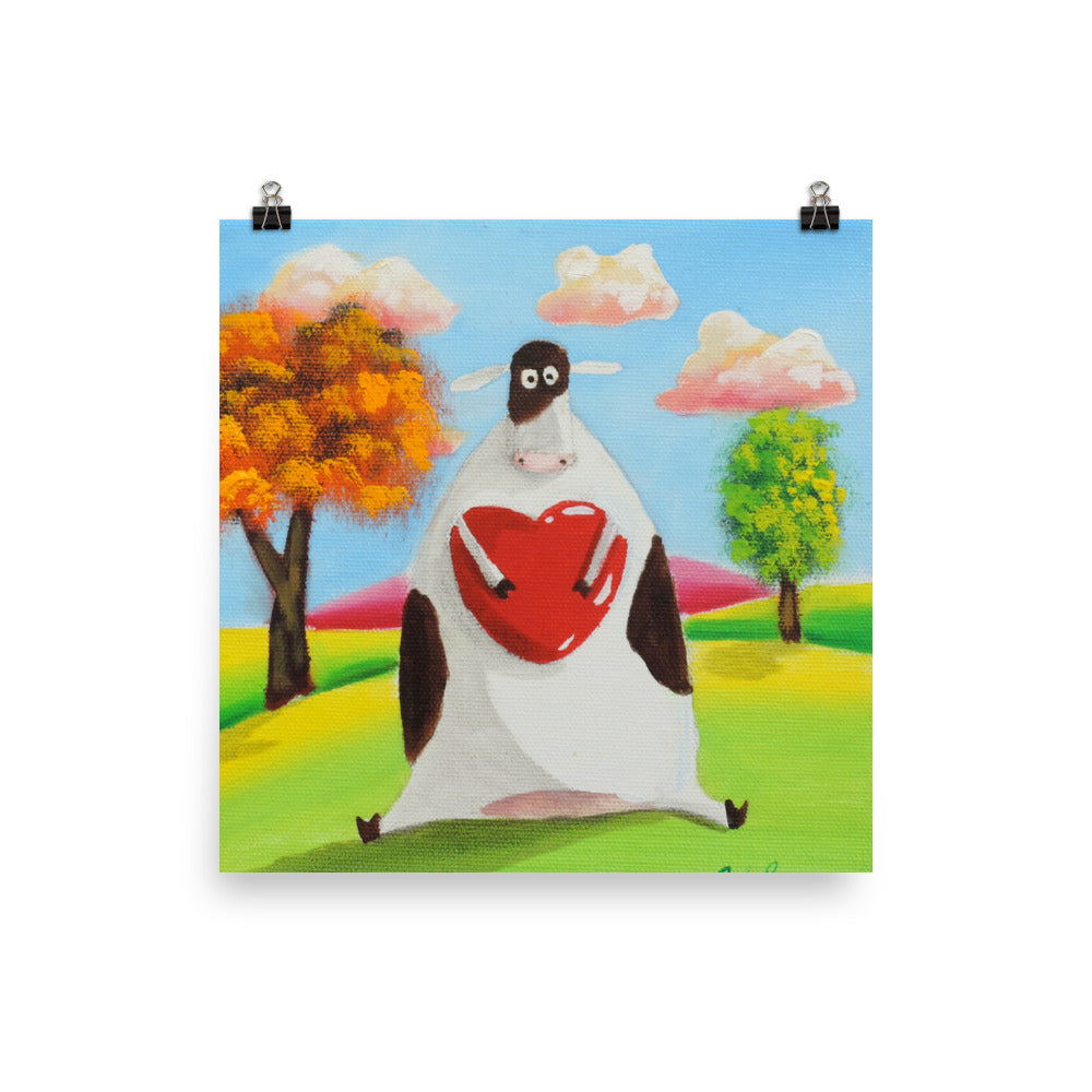 Cute cow print, cow with a heart illustration Poster