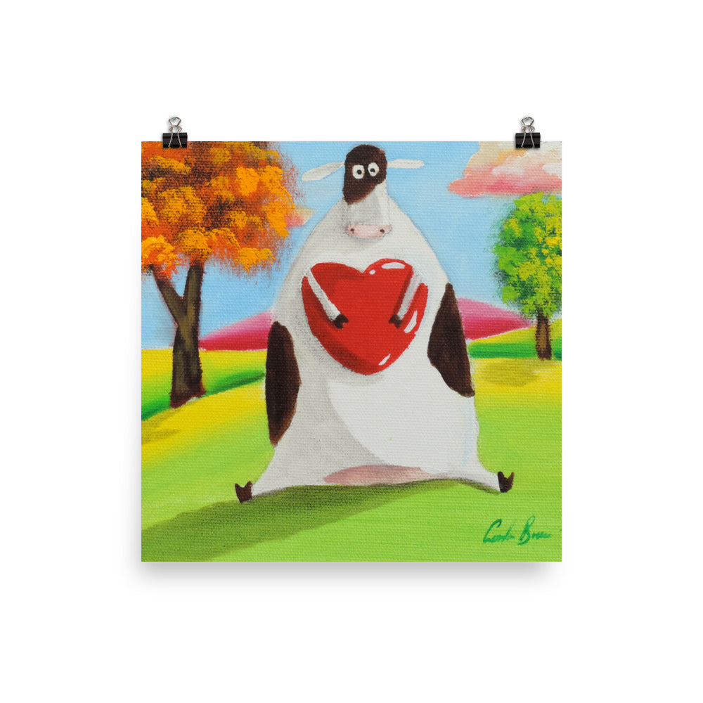 Cute cow print, cow with a heart illustration Poster