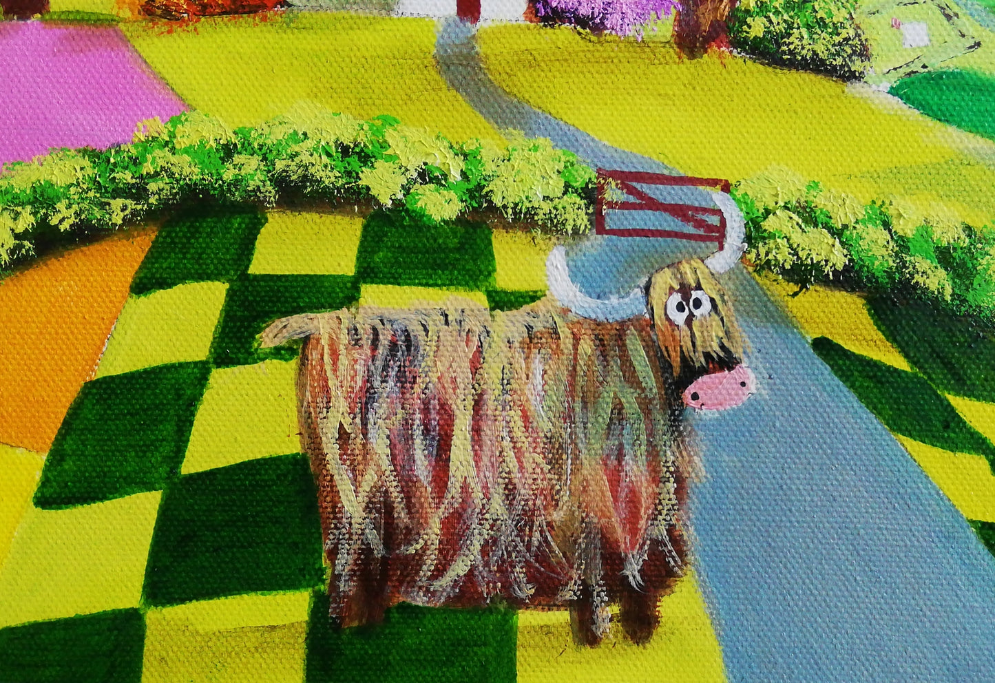Cows and patchwork fields oil painting