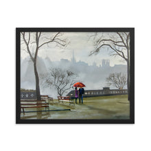 Load image into Gallery viewer, Couple in the rain with a red umbrella, Edinburgh city framed print
