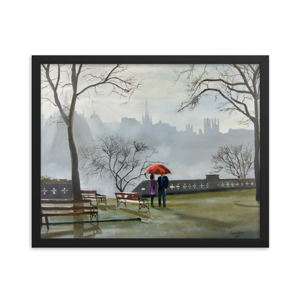 Couple in the rain with a red umbrella, Edinburgh city framed print