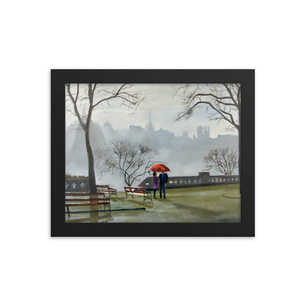 Couple in the rain with a red umbrella, Edinburgh city framed print