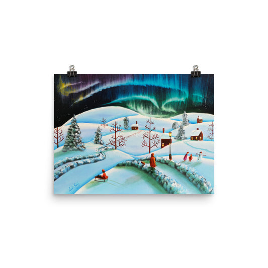 The Northern lights winter folk art landscape print