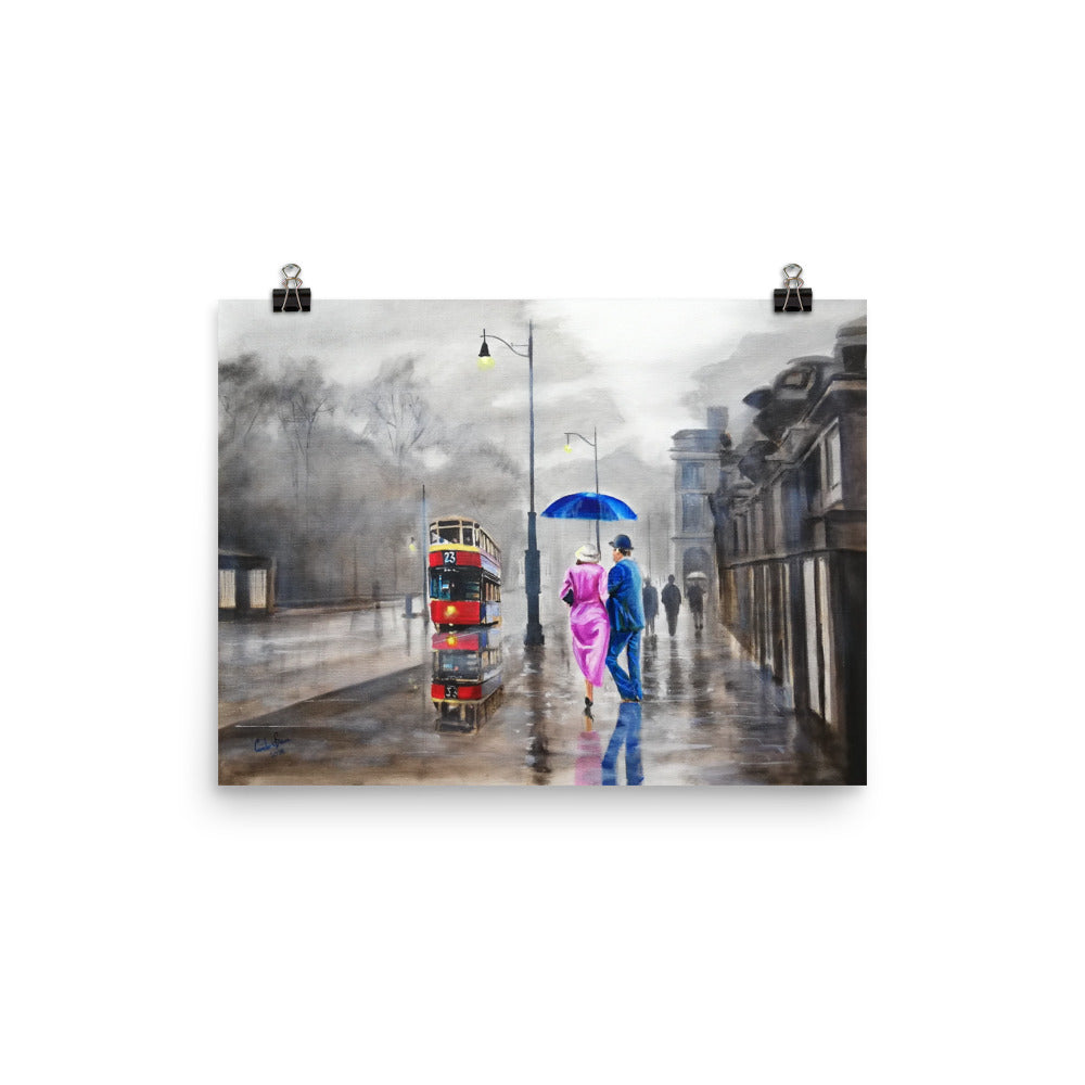 Rainy couple with a red umbrella by Gordon Bruce