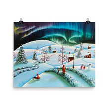 Load image into Gallery viewer, The Northern lights winter folk art landscape print

