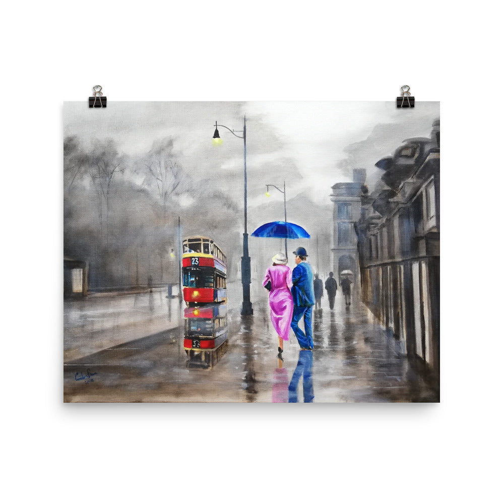 Rainy couple with a red umbrella print