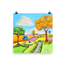 Load image into Gallery viewer, Cow in a field, colourful folk art print
