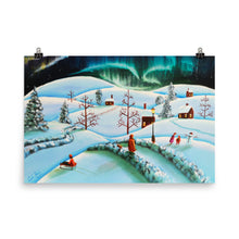 Load image into Gallery viewer, The Northern lights winter folk art landscape print
